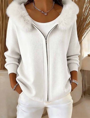  女性用 ニット カーディガン エレガント ファッション かわいいスタイル 純色 フード付き ジッパー ニット フード付き 長袖 ロングトップス ニット クリスマス アウトドア 日常 ブラック ルビーレッド 秋 冬