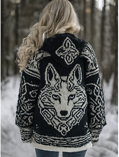  cardigan da donna vichingo vintage casual grafico geometrico a coste con cappuccio patchwork tasche bottoni manica lunga top lunghi maglia all'aperto weekend nero autunno