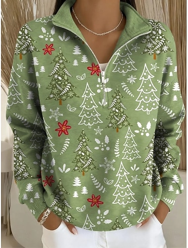  Joulu Naisten Joulukuusi Lumihiutale Puuvillapaita Graafinen Rentouttava Pitkähiha Puolivälin vetoketju Tavallinen Yläosa Päivittäinen Vaatetus Rentouttava Urheilu Valkoinen Vaaleanvihreä Ruskea