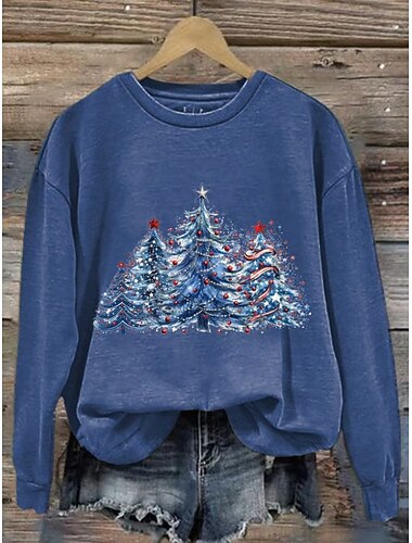  Dame Genser med genser Grafisk Juletre Fritid Langermet Crew-hals Rund hals Vanlige topper Gate Hverdag Avslappet Lapper Svart Hvit Rosa Vin Mørk Rosa Høst Vinter