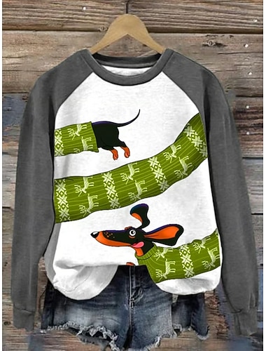  Dame Genser med genser Grafisk Dyr Ruter Mote Fritid Langermet Crew-hals Vanlige topper Gate Hverdag Avslappet Trykt mønster Svart Lysegrønn Grønn Grå Høst Vinter