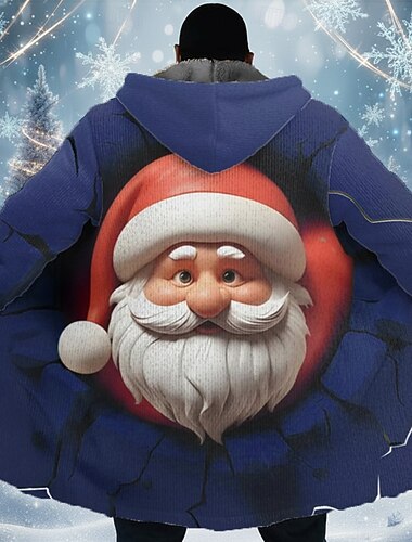  عيد الميلاد المجيد رجالي بابا نويل معطف شتوي سترة الصوف معطف الدفء مريح كاجوال مناسب للبس اليومي سحاب جيب طباعة ثلاثية الأبعاد الخريف الشتاء مع قبعة كم طويل أزرق أرجواني أخضر