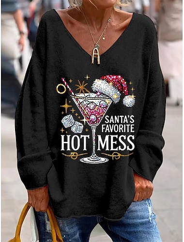  חג המולד בגדי ריקוד נשים חולצה קצרה גראפי חג מולד כוס יין אלגנטית וינטאג' אופנתי שרוול ארוך צווארון V חולצות רגילות יומי סוף שבוע דפוס שחור ורוד מסמיק אודם אביב סתיו חורף