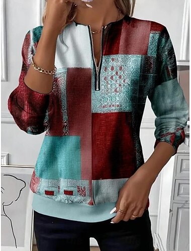  Dame Genser med genser Zip Up sweatshirts Grafisk Geometrisk Fargeblokk Mote Fritid Langermet Crew-hals Vanlige topper Gate Hverdag Glidelås Trykt mønster Lysegrønn Brun Kakifarget Høst Vinter