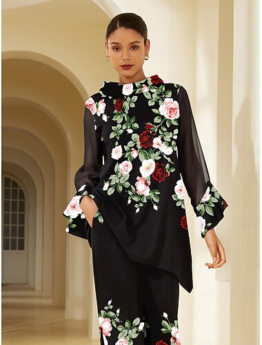  Damen Bluse schwarz Blumendruck Stretch Chiffon Ärmel U-Boot-Ausschnitt lässig bequem Frühling Sommer Herbst Urlaub