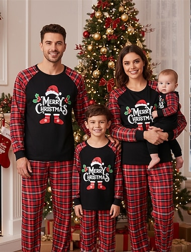  Familiestil Jul Julefamiliepyjamas Pyjamas Familiesett Ruter Nisselue Hjem Lapper Rød Langermet Daglig Matchende antrekk