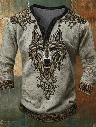  Ανδρικά Γραφική Λύκος Πεπαλαιωμένο Πουκάμισο Henley Μακρυμάνικο Βίντατζ Ρετρό Καθημερινό Causal Αργίες Εξόδου Άνοιξη & Χειμώνας Όλες οι εποχές Χακί Χένλι Μπλουζάκι Henley