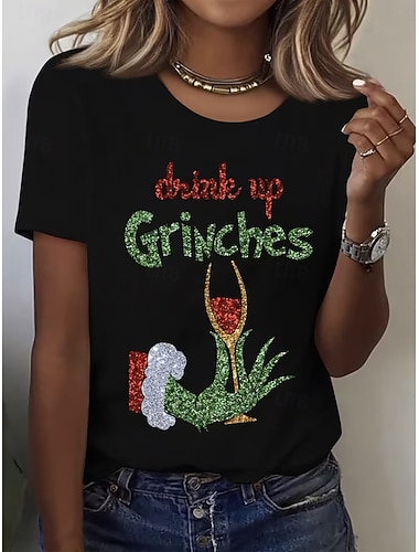 Weihnachten Damen T Shirt Grafik Weihnachten Vintage Stilvoll Klassisch Kurzarm Rundhalsausschnitt Rundhals Normale Oberteile Täglich Druck Schwarz Weiß Rote Grau Sommer   Weihnachten Damen T Shirt Grafik Weihnachten Vintage Stilvoll Klassisch Kurzarm Rundhalsausschnitt Rundhals Normale Oberteile Täglich Druck Schwarz Weiß Rote Grau Sommer