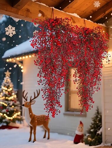  Opakowanie 4 sztucznych kwiatów wiszących, sztuczne dekoracje świąteczne, zieleń, sztuczne pnącza – realistyczna plastikowa girlanda z poinsecji do domu i dekoracji świątecznych, łatwa do powieszenia,