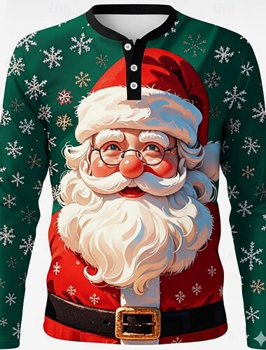  Муж. Новогодняя тематика Дед Мороз Рубашка Хенли Длинный рукав Мода Симпатичные Стиль Повседневные Повседневные Праздники На выход Зима Весна & осень Синий Зеленый Хенли Футболка Хенли