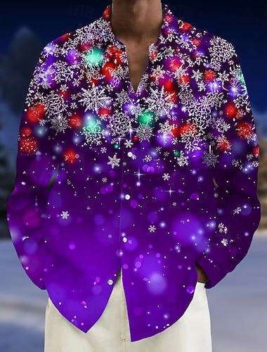  Weihnachten Herren Schneeflocke Weihnachtslicht Hemd Knopfhemd Langarm Modisch lässig Ferien Frühling Herbst Umlegekragen 3D-Druck Eine Tasche vorne Leinenähnliches Hemd Rote Purpur Gold