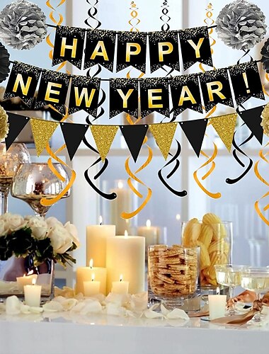  Svarta och guldiga nyårsfestdekorationer, gott nytt år, banderollset – svarta och guldiga pappersflaggor med virvelsvirvlar för nedräkningsfestdekoration 2026