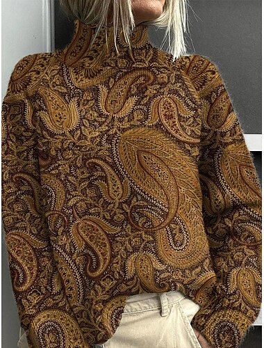  Mujer Pulóveres Casual Suave Floral Graphic Cachemir Estriado Cuello Alto Floral De Punto Estampado Manga Larga Tops regulares Tejer Exterior Diario Fin de semana Marrón claro Otoño Invierno