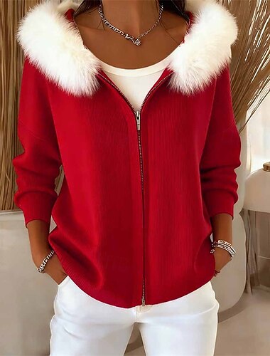  Dames Trui Vest Elegant Modieus leuke Style Effen Kleur Capuchon Vetoketju Gebreid Capuchon Lange mouw Lange tops breien Kerstmis Buiten Dagelijks Zwart Rood Herfst Winter