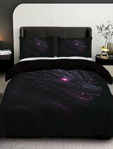  3-teiliges Daunenbettbezug-Set mit schwarz-violettem Drachenmotiv für große Betten, weicher, kurzer Plüsch-Bettbezug mit 2 Kissenbezügen – gemütliche Bettwäsche für Hotelzimmer & komfortabel