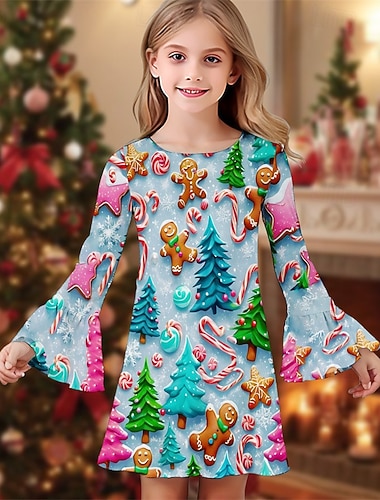 Χριστούγεννα Κορίτσια » 3D Γραφική Χριστουγεννιάτικο δέντρο Άνδρες μελόψωμο Φόρεμα Φόρεμα βολάν Μακρυμάνικο Άνοιξη Φθινόπωρο Διακοπές Καθημερινά Αργίες Πανεμορφη Γλυκός Παιδιά 4-12 χρόνια