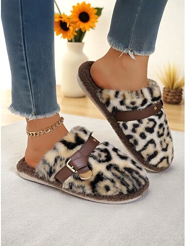  leopardmönstrade tofflor för kvinnor – mjuka plyschiga inneskor med foder i fuskpäls, mysiga varma vinterskor
