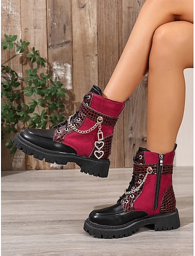  trendy dikke hak combat boots met hartkettingdetail – bordeauxrood & zwart