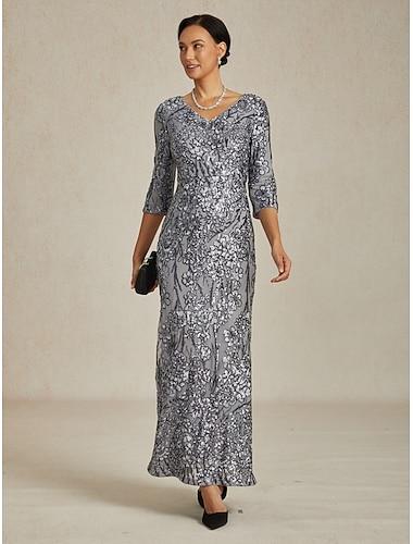 Damen Paillettenkleid Spitze Glitzer Elegant Formal Halbformell Party Abend Party Normale Passform Einfarbig 3/4 Ärmel V-Ausschnitt Grau Herbst Winter   Damen Paillettenkleid Spitze Glitzer Elegant Formal Halbformell Party Abend Party Normale Passform Einfarbig 3/4 Ärmel V-Ausschnitt Grau Herbst Winter