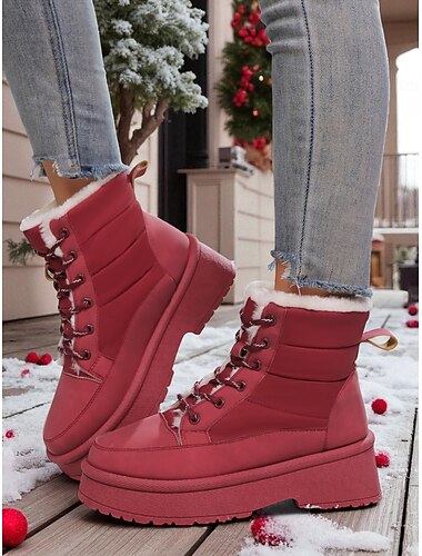  Warme, met bont gevoerde, waterdichte winterlaarzen voor dames, veterschoenen met antislipzool, modieuze outdoor-casual schoenen voor koud weer