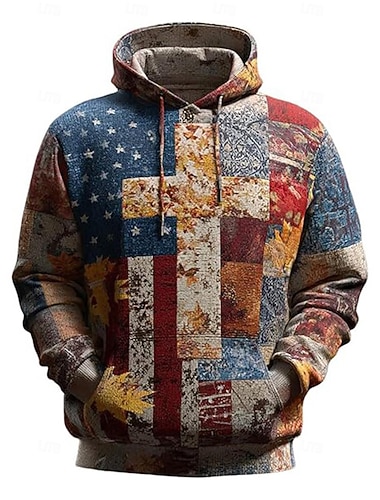  Herren Kreuz Amerikanische Flagge Kapuzensweatshirt Mode Lässig Vintage-Retro Langarm Mit Kapuze Urlaub Party Streetwear Festival Blau Rote Drucken Herbst Winter Designer S M L XL 2XL 3XL