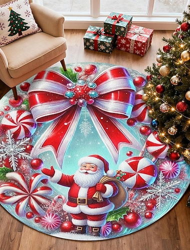 Weihnachtsmann Weihnachts runder Teppich für Wohnzimmer und Schlafzimmer Faux Cashmere Fröhliche Weihnachten Teppich mit Zuckerstange weicher rutschfester maschinenwaschbarer Teppich festliche Matte