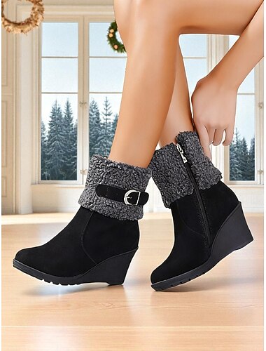  Γυναικείες φουσκωτές μπότες με μανσέτα, καφέ σουέτ με φερμουάρ και αγκράφα, ζεστές και άνετες χειμωνιάτικες μπότες για κρύο καιρό, χαλαρές εξόδους και γιορτές.