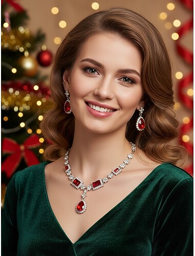 Set di collana e orecchini con pietre preziose rosse da donna, eleganti gioielli in cristallo per feste di Natale, regali per le feste &occasioni formali   Set di collana e orecchini con pietre preziose rosse da donna, eleganti gioielli in cristallo per feste di Natale, regali per le feste &occasioni formali