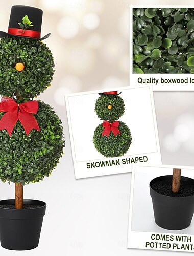  Sztuczny bałwan w kształcie bałwana, 30'', doniczka z czerwoną kokardą, z bukszpanowym topiarem, do dekoracji domu, ganku i innych wnętrz