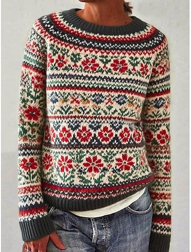  Dámské Vánoční svetr Fair Isle svetr Svetr Rolák prázdniny Vinobraní Denní Květinový Rýhovaný Tričkový Pletený Tisk Dlouhý rukáv Běžné topy Plést Venkovní Víkend Trávová zelená Podzim Zima