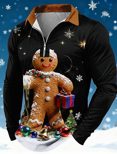  Jul Herre Pepperkakemenn Polo Langermet Poloskjorter Knaphul Fritid Ferie Dagligdagstøy Festivalantrekk 3D-utskrift Kvart zip-polo Vår Høst Vinter Svart Brun