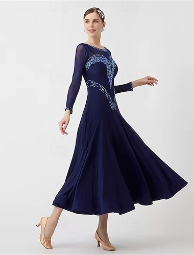  Kjole til dame med lange ermer i netting, vals, tango, latin, konkurransekjole med paljettpyntet overdel – marineblå