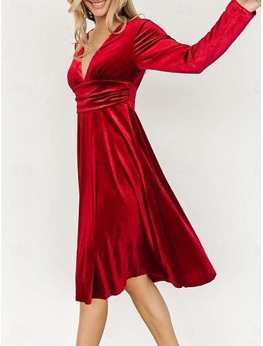  Julekvinners fløyels mini-kjole skjortekjole A-linje kjole passer og flare kjole elegant fest bursdag bryllupsfest bryllupsgjester ensfarget langermet V-hals svart rød grønn vår høst