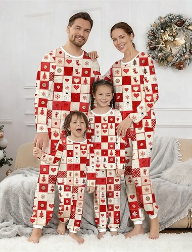  Familiestil Jul Julefamiliepyjamas Pyjamas Familiesett Grafisk Ruter Snømann Hjem Trykt mønster Kakifarget Langermet Daglig Matchende antrekk