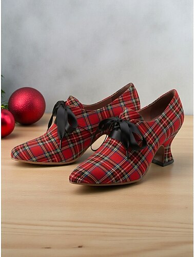  Scarpe con tacco a spillo rosse vintage in stile edoardiano anni '20 da donna con fiocco in raso nero: eleganti scarpe natalizie retrò per occasioni festive e feste