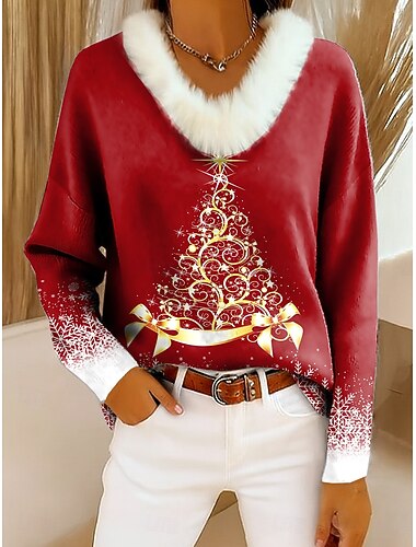  Julens kvinnelige juletre snøfnugg skjorte vintage tropisk stilige langermet v-hals vanlige topper daglig trykk svart rød grønn høst vinter