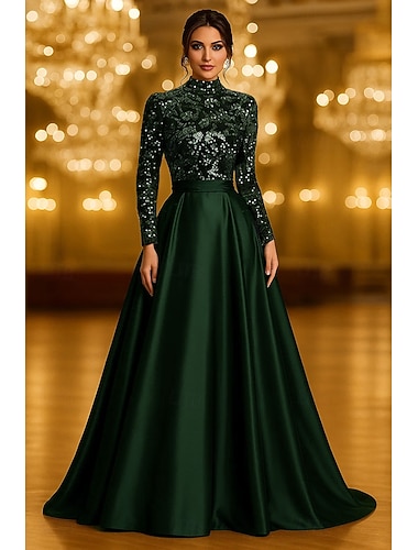  A-linja Kokopitkä Iltapuku Ball Gown Muodollinen mekko Tyylikäs Vintage Kimalteleva Pitkähihainen poolokaulus Muodollinen Häät Tasku Satiini Sametti kanssa Kimalle