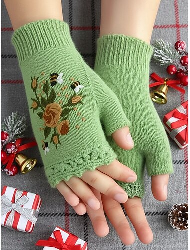  Guantes bordados navideños para mujer: diseño floral con abejas, material de hilo de algodón, disponible en varios colores, perfectos para las vacaciones de invierno y ocasiones festivas.