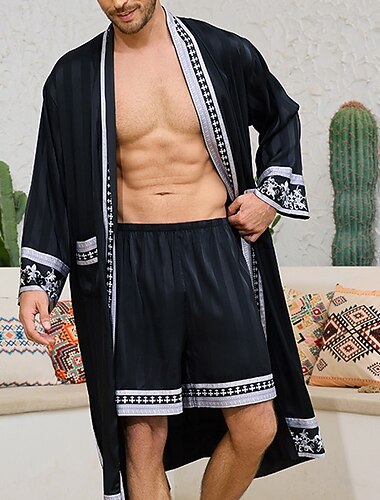  Herren Schlafanzug Seidenrobe Nachtwäsche Bademantel Grafikdrucke Mode Stilvoll Klassisch Heim Täglich Bett Polyester Komfort Weich V Ausschnitt Langarm Gürtel inbegriffen Frühling Herbst Schwarz Weiß