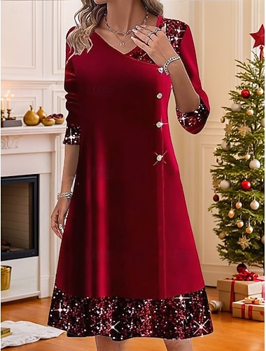  Weihnachten Damen Samt Midi Kleid A-Linien-Kleid Lässig Daily Holiday Regulärer Fit Einfarbig Langarm V-Ausschnitt Wein Royal Blau Grün Herbst Winter