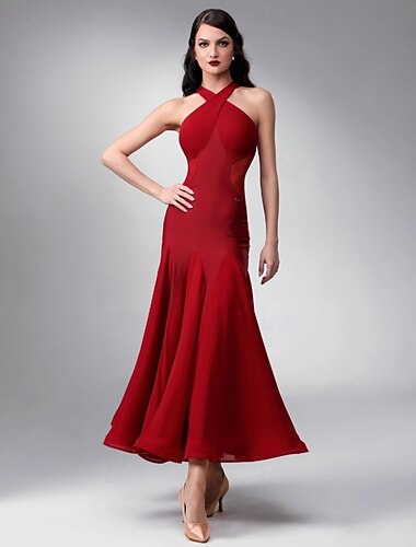  Ballsaal-Tanzkleid für Damen, rot, Neckholder, Netzseite, elegant, Tango, Rumba, Paso Doble, Wettkampf-Performance-Kleid