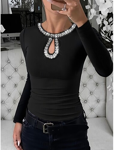  Női Blúz Tömör szín Stílusos Alkalmi Hosszú ujj Terített nyak Normál felsők Napi Kollázs Csillogás Fekete Bor Medence Lóhere Tavasz Ősz Tél