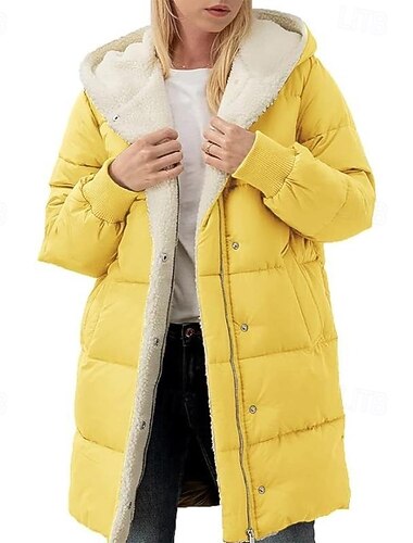  نسائي معطف شتوي أسفل سترة هوديي الدفء مريح سحاب جيب كاجوال سهل عطلة مناسب للبس اليومي مناسب للخارج عطلة نهاية الاسبوع طويلة مع قبعة عادي كم طويل ملابس خارجية أرزق بحري أسود أصفر الخريف الشتاء