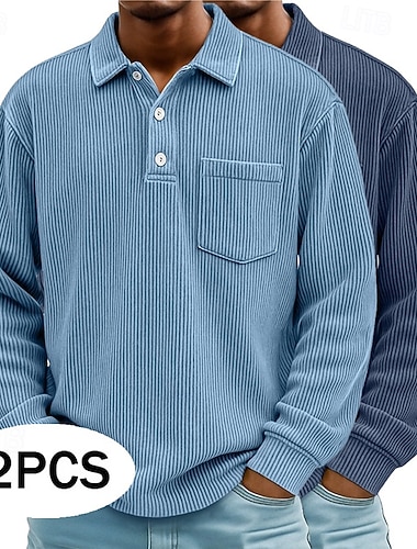  Lot de 2 polos en velours côtelé pour homme, style décontracté, sport, revers, manches longues, mode, blocs de couleurs, automne/printemps &automne toutes saisons coupe régulière
