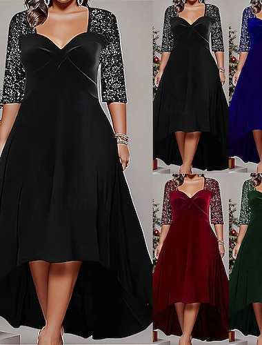  Női Extra méret Flitteres ruha Tömör szín V-alakú Háromnegyedes Tavasz Ősz Elegáns Midi ruha Parti Esküvői vendég Ruha