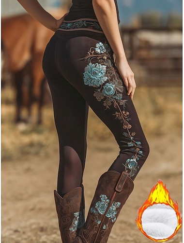  Mulheres Calças de lã Leggings Férias Vintage Estilo Étnico Comprimento total Cintura Alta Floral Gráfico Imprimir Térmico / Quente Confortável Engrossar Com Stretch Ao ar livre Casual Diário Caf