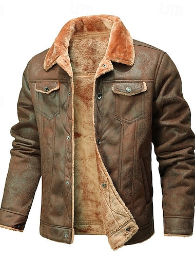  Муж. Кожаные куртки Флисовая жилетка Байкерская куртка Мотоциклетная куртка Отпуск Повседневные С защитой от ветра Сохраняет тепло Карман Осень Зима Полотняное плетение Мода Классика Лацкан Обычная