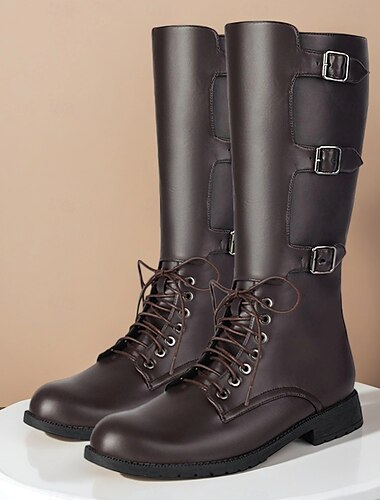  Botas de montaria masculinas pretas de couro sintético até o joelho com tiras de fivela tripla, botas equestres altas clássicas para moda e desempenho