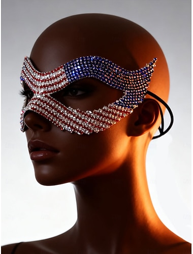  Máscara de mascarada con diamantes de imitación y bandera estadounidense para mujer, máscara facial de cristal rojo y azul para mujer, accesorio de disfraz patriótico para bailes de máscaras y