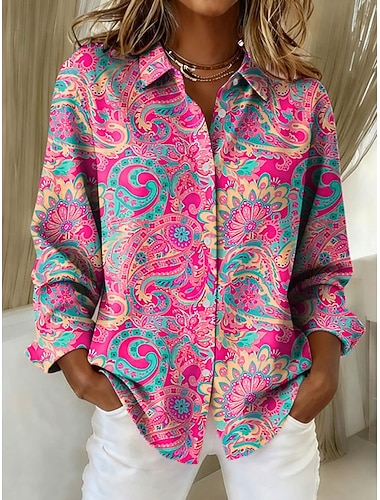  Damen Hemd Bluse Druck Paisley-Muster Elegant Stilvoll Modern Langarm Hemdkragen Normale Oberteile Arbeit Rosa Rote Grün Sommer Frühling Herbst Winter